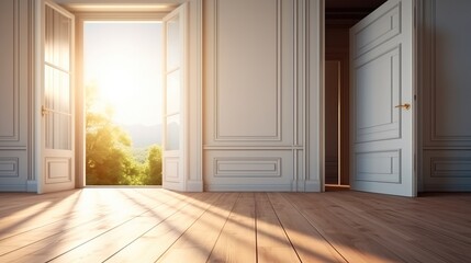 Fototapeta premium Open door with a key to a large bright luxury room with big windows in a new apartment, Real estate and property concept.