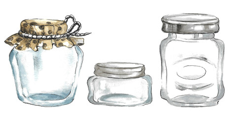 Set of empty transparent glass jars with gray lids and brown polka dot cloth tied with twisted rope. Watercolor image by hand on a white background for your design