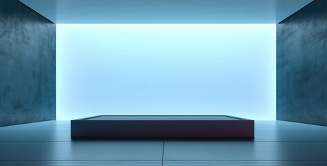 Perspective view of blank blue digital screen wall with square stand background.