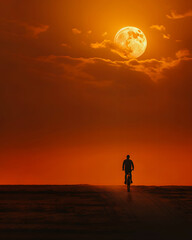 Obraz premium Man rides a bicycle in the moonlight, monochrome, freedom retro style concept