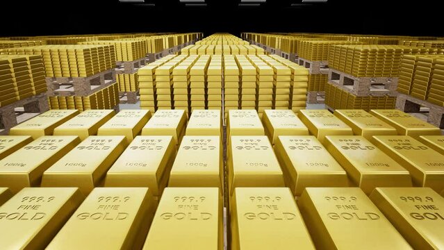 4K vault gold brick multi-angle 3D rendering animation