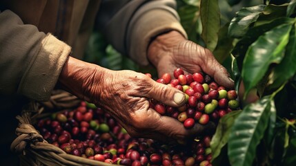 close up farmer hand harvesting coffee berries, Generative AI