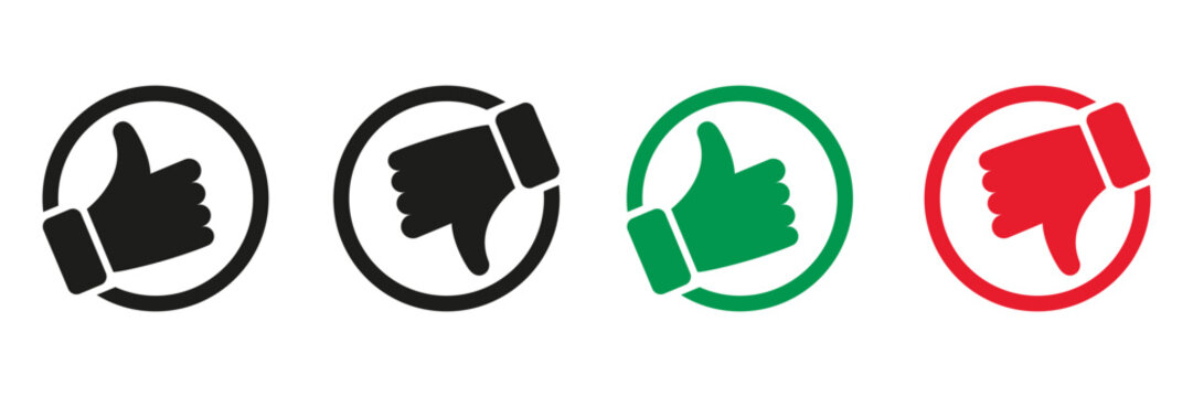Like and Dislike Pictogram Collection. Thumb Up, Thumb Down Silhouette Icon Set. Good and Bad Gesture Button Black and Color Sign. Social Media Feedback Symbols. Isolated Vector Illustration