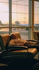 Airport Rest: Elderly Man Napping, Airplanes Outside