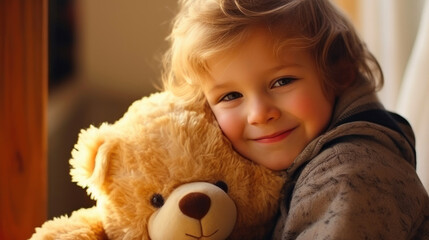 Sweet Little Girl Cuddling her Favorite Teddy Bear