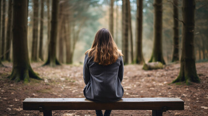 Bench of Contemplation: Silent Girl in the Forest Seen from Behind - obrazy, fototapety, plakaty