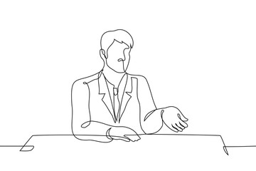 man in a suit sits at a table with outstretched hand - one line art vector. the concept of a startup looking for investment, an official requires a bribe
