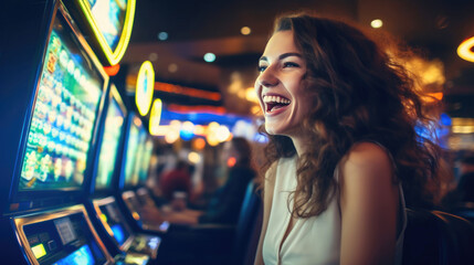 Joyful Woman Betting at Casino Slot