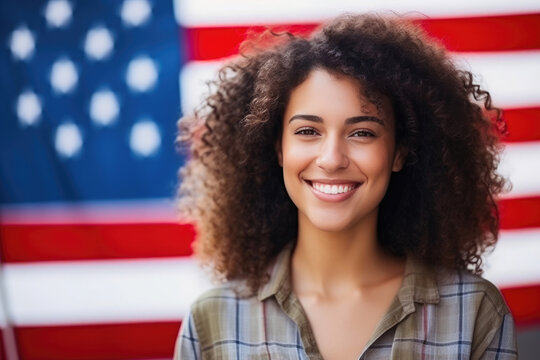 Radiant Female Portrait Amidst USA Flag in Daylight - Powered by Adobe