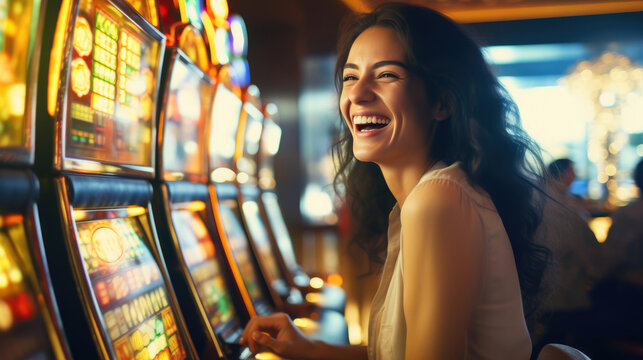 Smiling Woman Playing Slot Machine