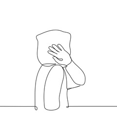 hooded person covers face with hand - one line art vector. the concept of hiding from attention, anonymous, incognito mode