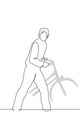 man goes driving behind the wheel of a bike - one line art vector. concept cyclist with bike, on foot, pedestrian, not able to drive a bicycle