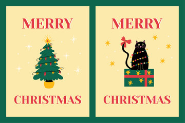 Merry Christmas greeting card with christmas tree, black cat, gift vector illustration. Cute cartoon style hand draw art