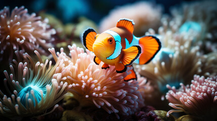 Fototapeta na wymiar Clownfish swimming among anemones. Generative AI