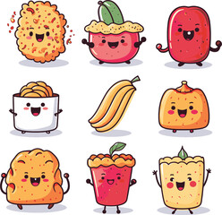 collection of cartoon food characters cute simple on white