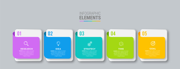 Concept with 5 steps in a row. Six colorful graphic elements. Timeline design for flyers, presentations. Infographic design layout