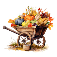 Watercolor autumn harvest cart Generative AI, png image.