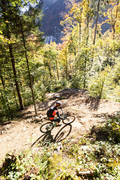Mountainbikerin in enger Waldabfahrt