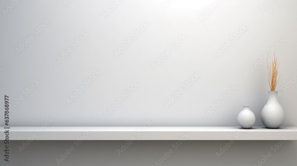 Poster Minimalistic background for product presentation, White empty shelf on a light gray wall.
