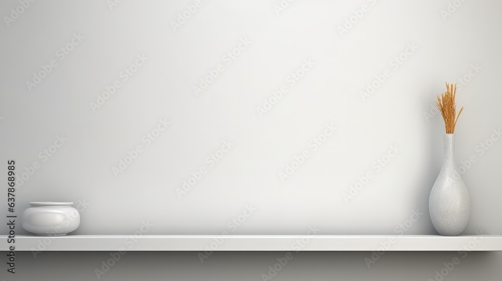 Poster Minimalistic background for product presentation, White empty shelf on a light gray wall.