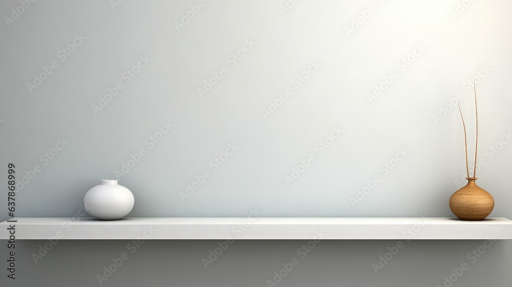 Poster Minimalistic background for product presentation, White empty shelf on a light gray wall.