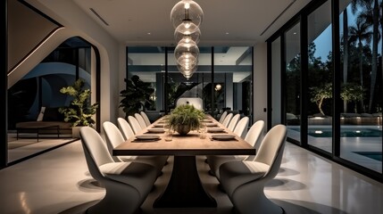 Ultramodern wide full shot of big luxury dining area in fashionable house.