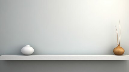 Minimalistic background for product presentation, White empty shelf on a light gray wall.