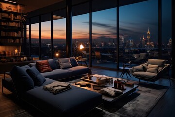 Modern apartment at sunset, in the style of dark indigo and bronze. Generative AI