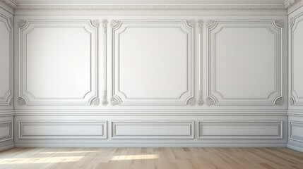 White wall with classic style mouldings and wooden floor.