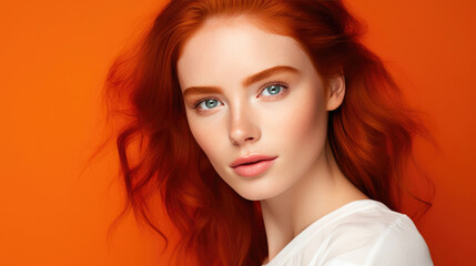 Fototapeta premium Russet Aura: Slavic Beauty Pondering Amidst Orange Hues