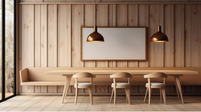Dining Room, Wooden restaurant interior with blank wall.