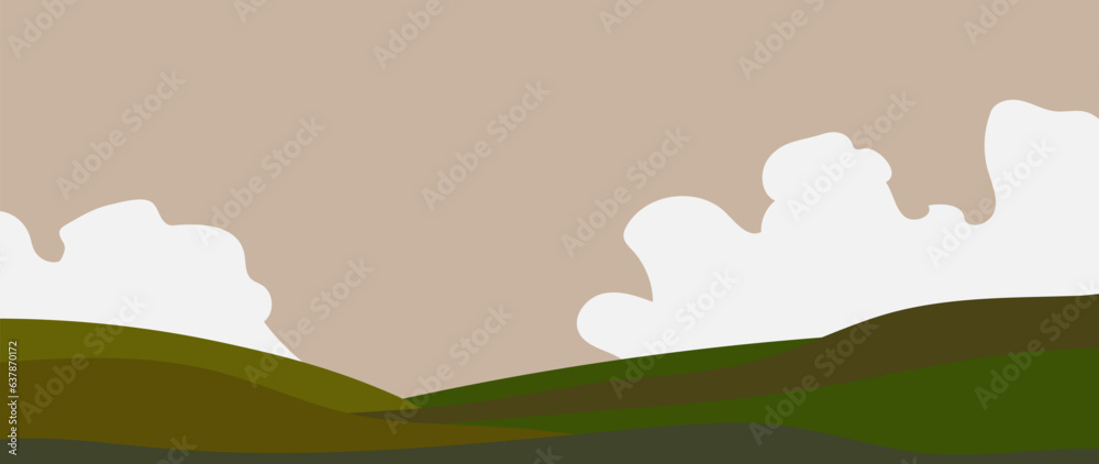 Wall mural minimal vector abstract landscape with clouds. mountain background in green colors. vector design fo