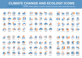 Climate change, ecology, green energy, park and weather 120 icon set. Containing global warming, renewable energy, greenhouse, melting ice, earth pollution, outdoor activity. Flat vector illustration - obrazy, fototapety, plakaty