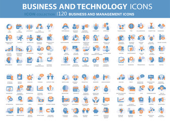 120 Business and management icon set. Icons for leadership, teamwork, job and work, statistics, analytics and advertising. Flat vector illustration. Blue icon for business collection	