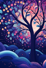 Abstract drawing of a tree on the right, with blue and pink leaves and flowers, against the background of a solid glow, the main background is dark blue, generative ai