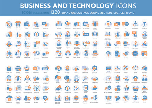 Customer service, branding, influencer, contact icon set. Contact us, follower, marketing, leadership, influence, content, community and customer icons. Support and satisfaction icon set. Vector set