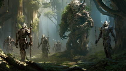 Mystical creatures in forest, soldiers, fantasy