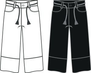 Trousers Design, Detailed Technical Sketch, Pants Fashion Flat Sketch, Casual Pants Design, Relaxed Fit in Flat Sketch