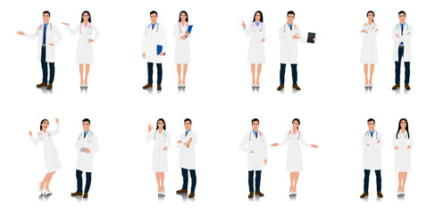 Hand-drawn male and female healthcare workers. Happy smiling doctor with a stethoscope. A doctor in a white coat poses. Different color options. Vector flat style illustration set isolated on white