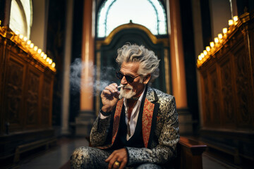 smiling old tattooed fashion man with bold hair smoking a cigarette in a church.