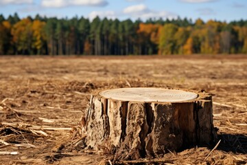 Tree stump in autumn forest. Deforestation and forest degradation.