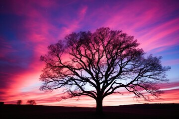 Fototapeta na wymiar Lonely old tree growing against night starry sky with purple clouds at sunrise