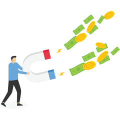 Businessman attract a lot of money, Vector illustration in flat style
