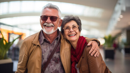 Airport Happiness: Senior Hispanic Couple with Beaming Smiles