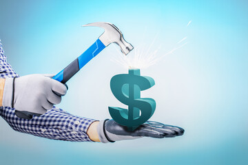 man using hammer and breaks dollar sign. Financial crisis and global economic money problem.