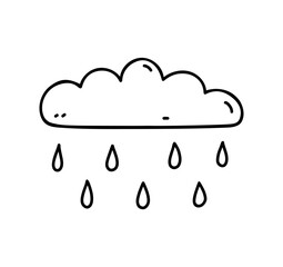 Rainy cloud isolated on white background. Weather element. Vector hand-drawn illustration in doodle style. Perfect for cards, decorations, logo, various designs.