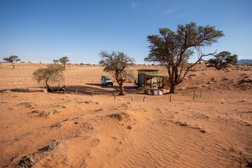Campement dans un désert de dunes au porte du Namib, Sud-Est de la Namibie