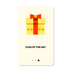 Yellow gift box with red bow flat icon. Vertical sign or vector illustration of birthday or Christmas present. Holiday, birthday, entertainment, celebration concept for web design and apps