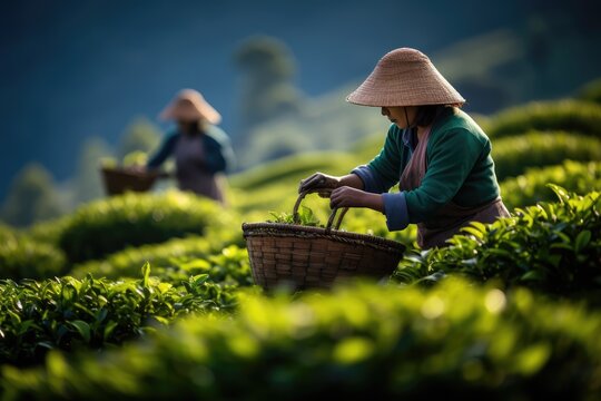 Harvesting tea at a tea plantation