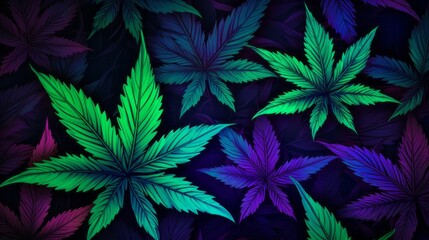 Graphic art of vivid blue and green cannabis leaves. AI generative. - obrazy, fototapety, plakaty